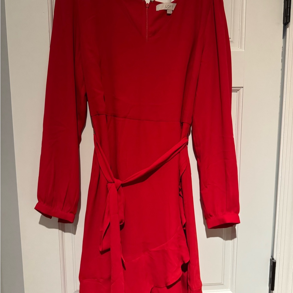 LOFT Red Wrap Sundress with Bishop Sleeves